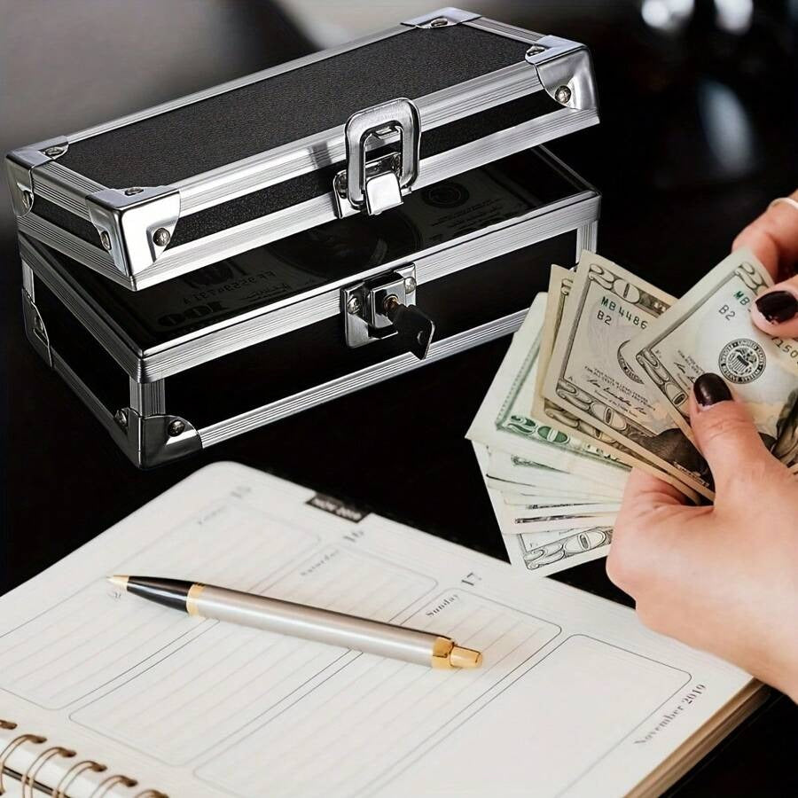 Scatola di sicurezza in alluminio con serratura - Scatola di sicurezza multifunzionale nera per gioielli, contanti, monete, carte bancarie e chiavi - Portatile per casa, ufficio, viaggio