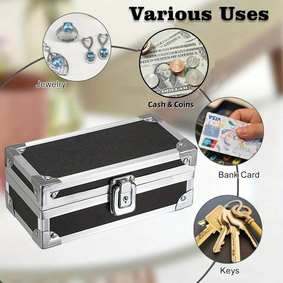 Scatola di sicurezza in alluminio con serratura - Scatola di sicurezza multifunzionale nera per gioielli, contanti, monete, carte bancarie e chiavi - Portatile per casa, ufficio, viaggio
