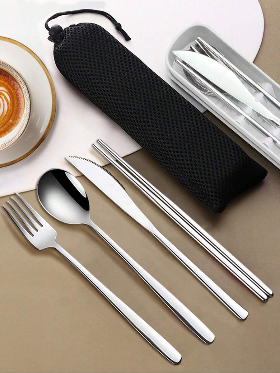 Set di posate da viaggio, set di posate da viaggio con custodia, set di posate portatile, in acciaio inossidabile 18/8 riutilizzabile, include forchetta, cucchiaio, bacchette con custodia, per cucina occidentale, cucina, pranzo al sacco, ufficio, picnic