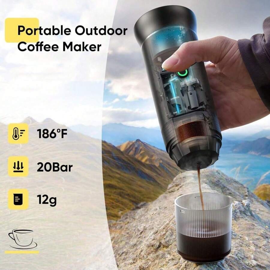 Macchina per caffè espresso elettrica portatile, macchina da caffè da campeggio, macchina da caffè per auto con funzione di auto-riscaldamento, interfaccia USB-C, adatta per macinare caffè e capsule NS, molto adatta per camper