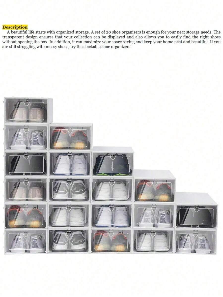 12 pezzi Scatole di stoccaggio per scarpe in plastica trasparente, pieghevoli, con coperchio a ribalta, per sotto il letto, a prova di umidità e polvere