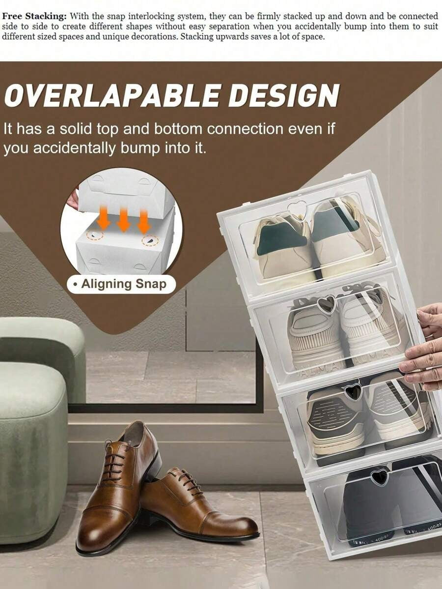 12 pezzi Scatole di stoccaggio per scarpe in plastica trasparente, pieghevoli, con coperchio a ribalta, per sotto il letto, a prova di umidità e polvere