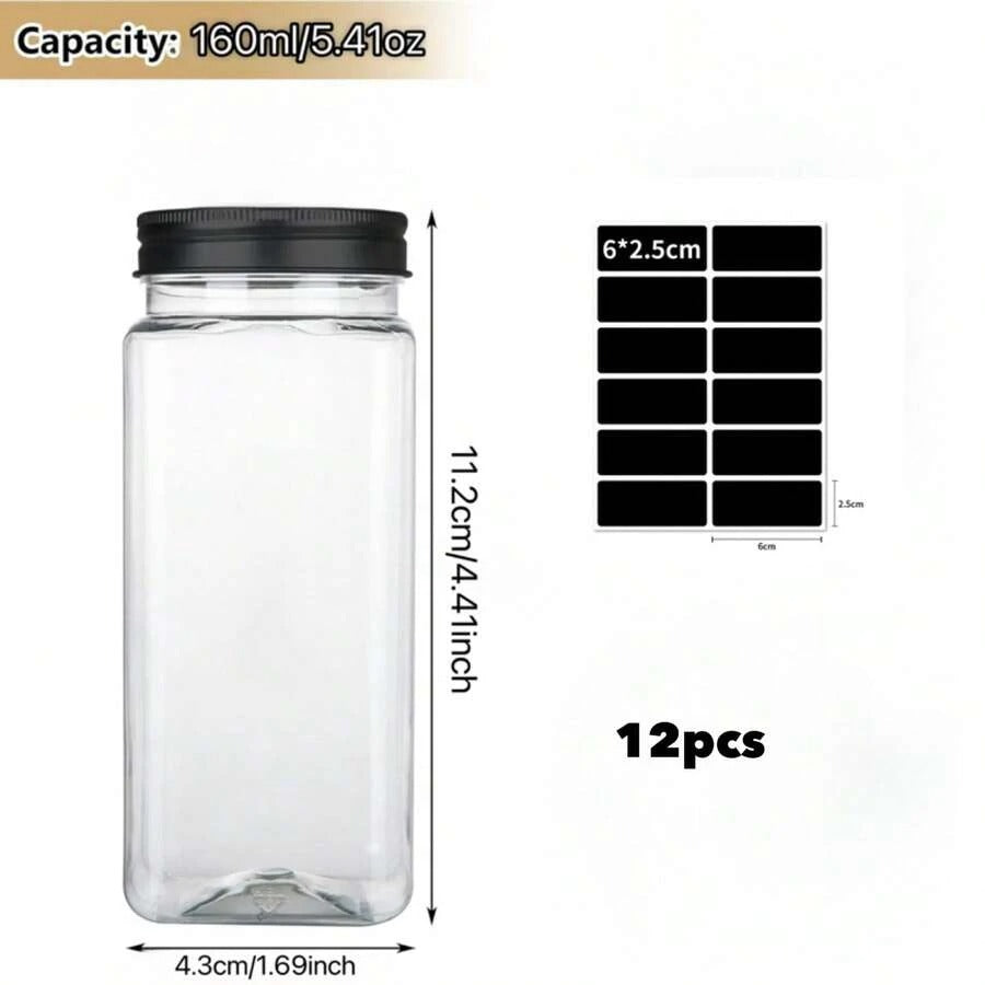 12pz/24pz Barattoli di plastica per spezie, contenitori quadrati per spezie da 5,6 once (~160g), saliere e pepiere riutilizzabili con coperchi ermetici, etichette e penne.