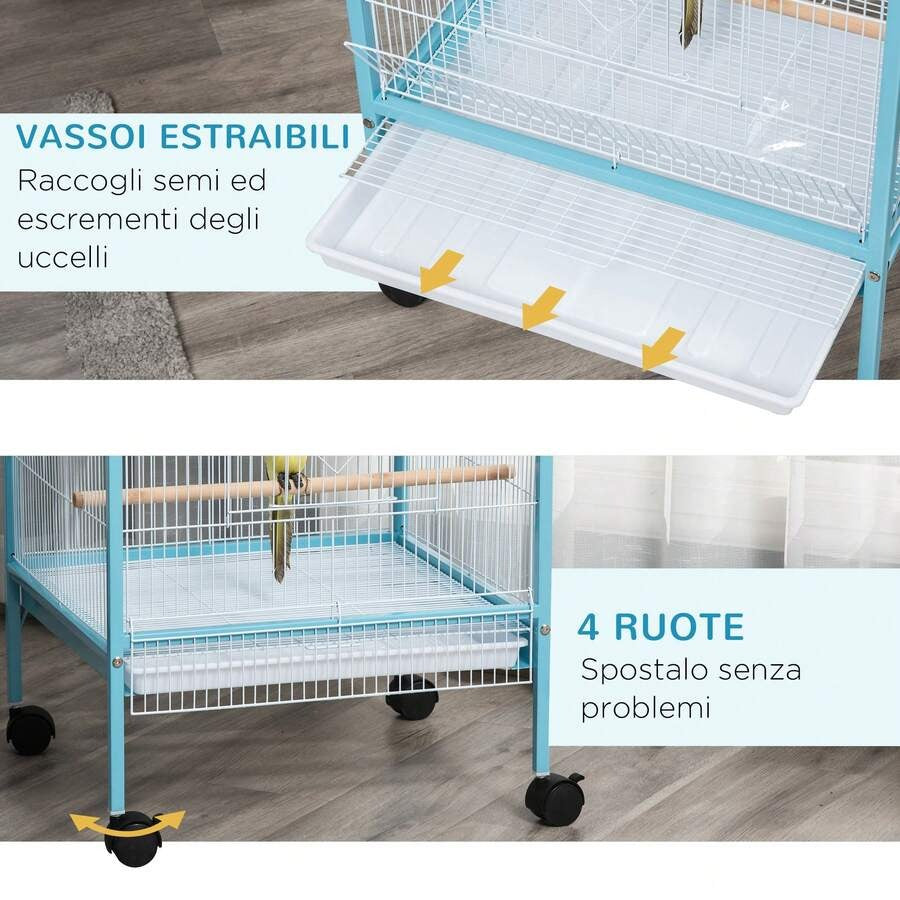 PawHut Gabbia per Uccelli 2 in 1 Voliera per Interni con 4 Ruote Girevoli, Vassoi Estraibili e Contenitori in Plastica, 51.5x50x140cm, Azzurra