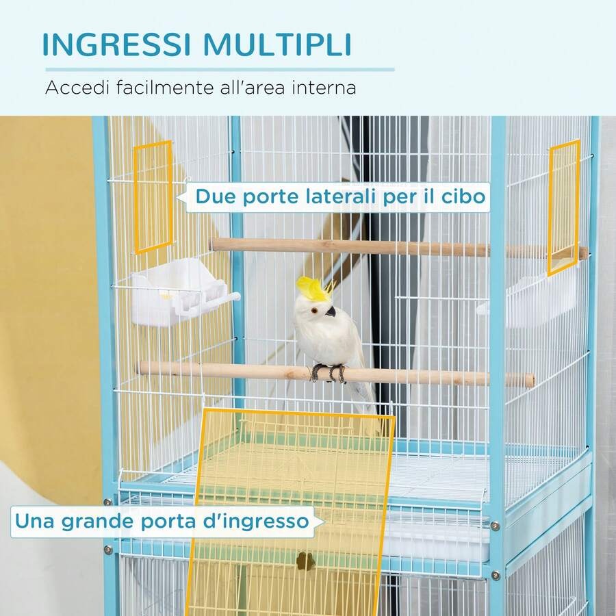 PawHut Gabbia per Uccelli 2 in 1 Voliera per Interni con 4 Ruote Girevoli, Vassoi Estraibili e Contenitori in Plastica, 51.5x50x140cm, Azzurra