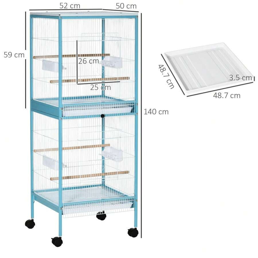 PawHut Gabbia per Uccelli 2 in 1 Voliera per Interni con 4 Ruote Girevoli, Vassoi Estraibili e Contenitori in Plastica, 51.5x50x140cm, Azzurra