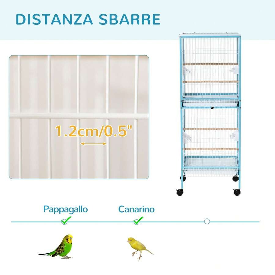 PawHut Gabbia per Uccelli 2 in 1 Voliera per Interni con 4 Ruote Girevoli, Vassoi Estraibili e Contenitori in Plastica, 51.5x50x140cm, Azzurra