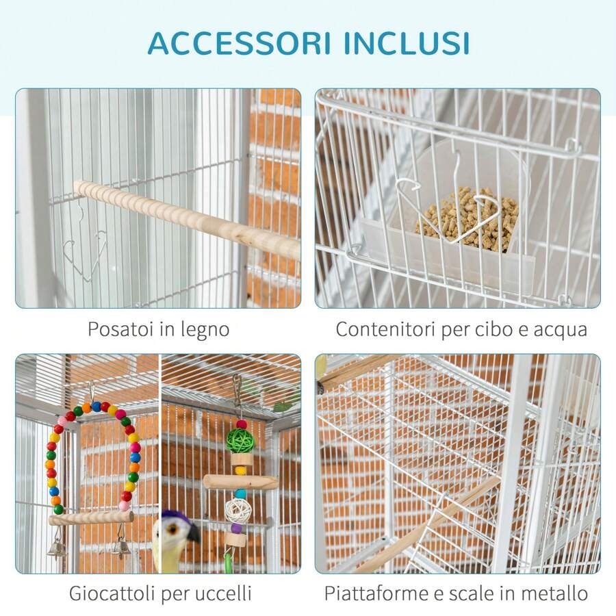 PawHut Gabbia per Uccelli in Acciaio e PP con Posatoi, Giocattoli, Contenitori per Cibo e Vassoio Removibile, 83x53x180 cm, Bianco