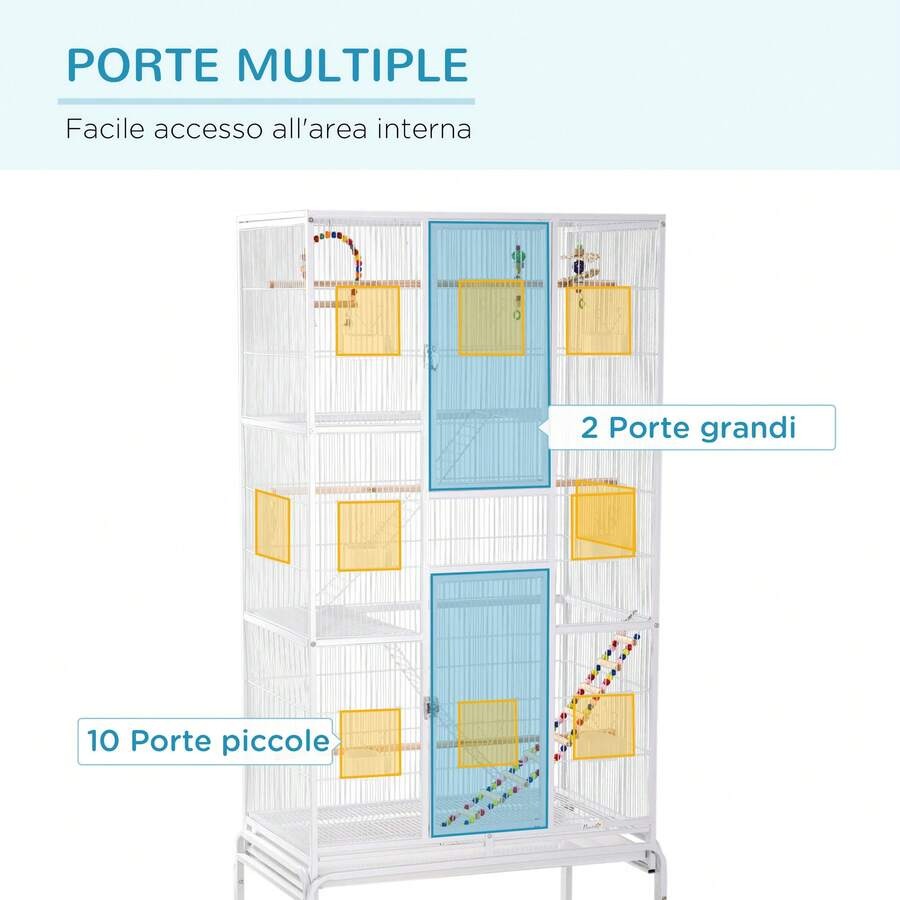PawHut Gabbia per Uccelli in Acciaio e PP con Posatoi, Giocattoli, Contenitori per Cibo e Vassoio Removibile, 83x53x180 cm, Bianco