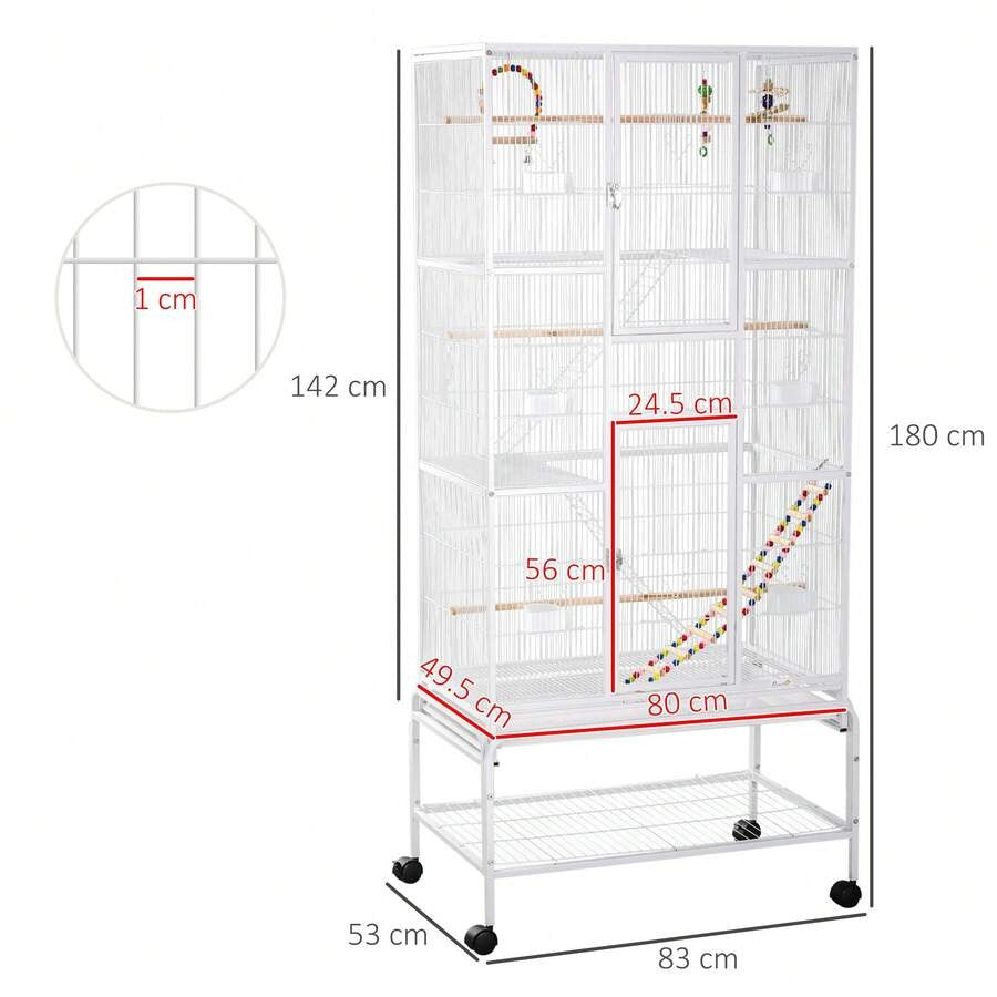 PawHut Gabbia per Uccelli in Acciaio e PP con Posatoi, Giocattoli, Contenitori per Cibo e Vassoio Removibile, 83x53x180 cm, Bianco