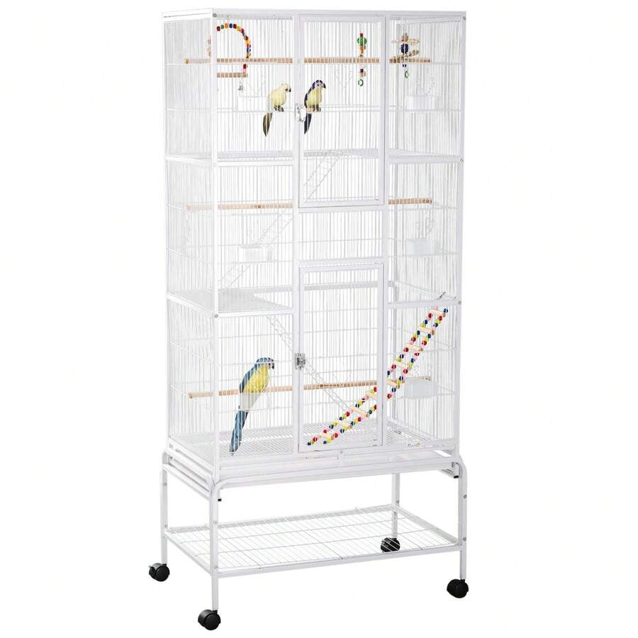 PawHut Gabbia per Uccelli in Acciaio e PP con Posatoi, Giocattoli, Contenitori per Cibo e Vassoio Removibile, 83x53x180 cm, Bianco