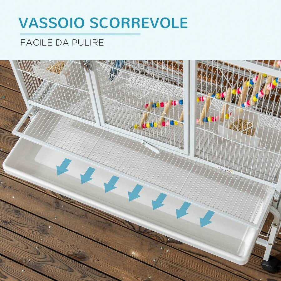PawHut Gabbia per Uccelli in Acciaio e PP con Posatoi, Giocattoli, Contenitori per Cibo e Vassoio Removibile, 83x53x180 cm, Bianco