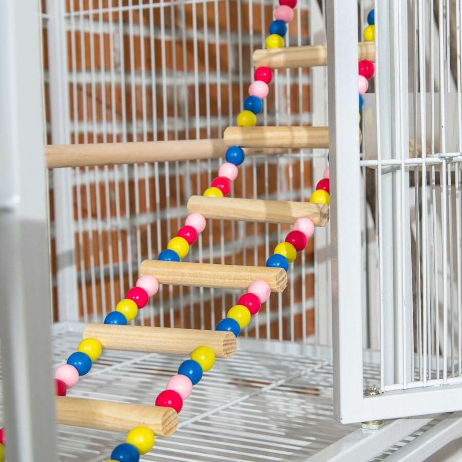 PawHut Gabbia per Uccelli in Acciaio e PP con Posatoi, Giocattoli, Contenitori per Cibo e Vassoio Removibile, 83x53x180 cm, Bianco