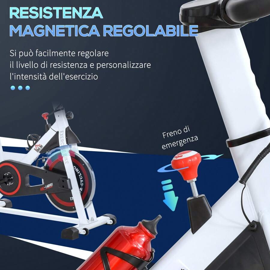 HOMCOM Cyclette Professionale, Bici da Spinning, Cyclette da Camera Regolabile con Schermo LCD e Portabicchieri, Volano 8kg, Bianco