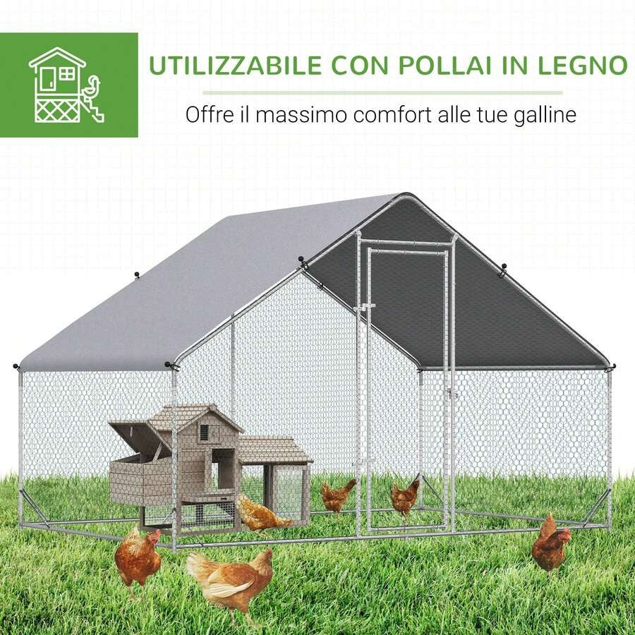 PawHut Pollaio Ovaiole per Esterni con Telaio Zincato e Rete Esagonale, Recinto con Copertura in Tessuto Impermeabile per Polli, Anatre e Conigli, 3x2x2m
