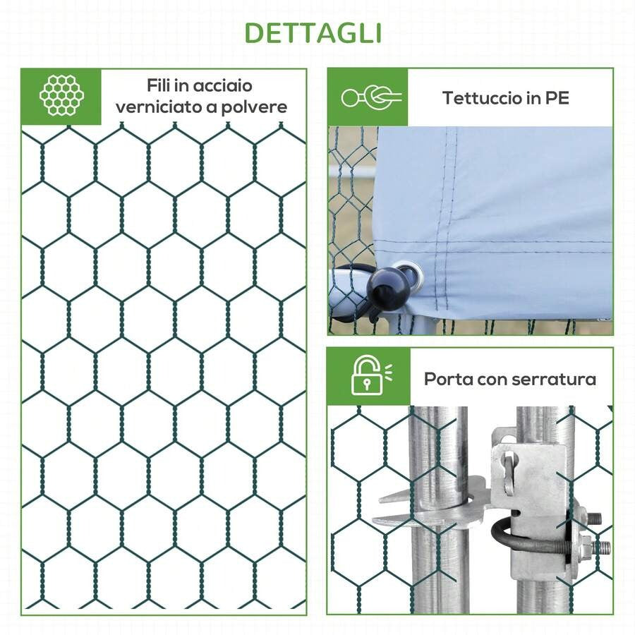 PawHut Pollaio Ovaiole per Esterni con Telaio Zincato e Rete Esagonale, Recinto con Copertura in Tessuto Impermeabile per Polli, Anatre e Conigli, 3x2x2m