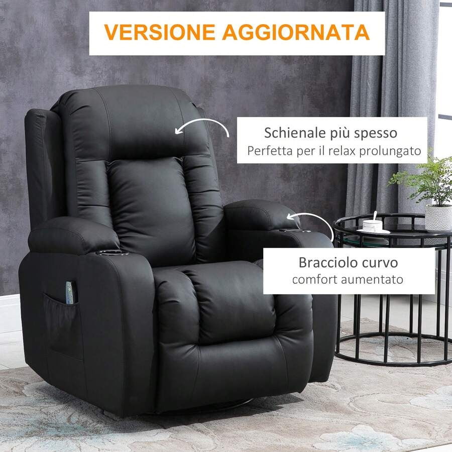 HOMCOM Poltrona Relax Massaggiante Riscaldante, Poltrona Reclinabile fino a 150° in Finta Pelle con 8 Punti di Massaggio e Telecomando, 85x94x104cm