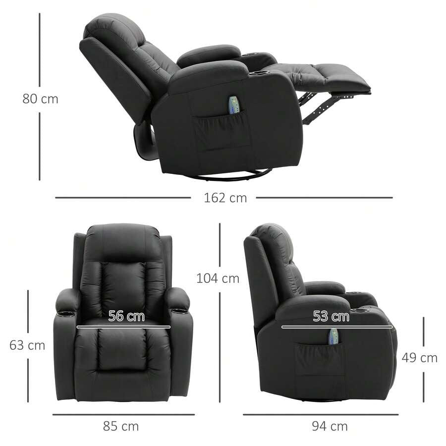 HOMCOM Poltrona Relax Massaggiante Riscaldante, Poltrona Reclinabile fino a 150° in Finta Pelle con 8 Punti di Massaggio e Telecomando, 85x94x104cm
