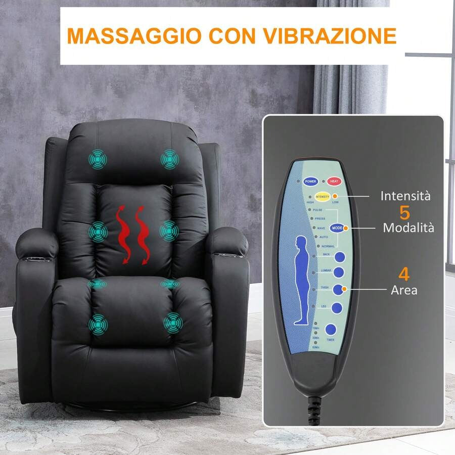 HOMCOM Poltrona Relax Massaggiante Riscaldante, Poltrona Reclinabile fino a 150° in Finta Pelle con 8 Punti di Massaggio e Telecomando, 85x94x104cm