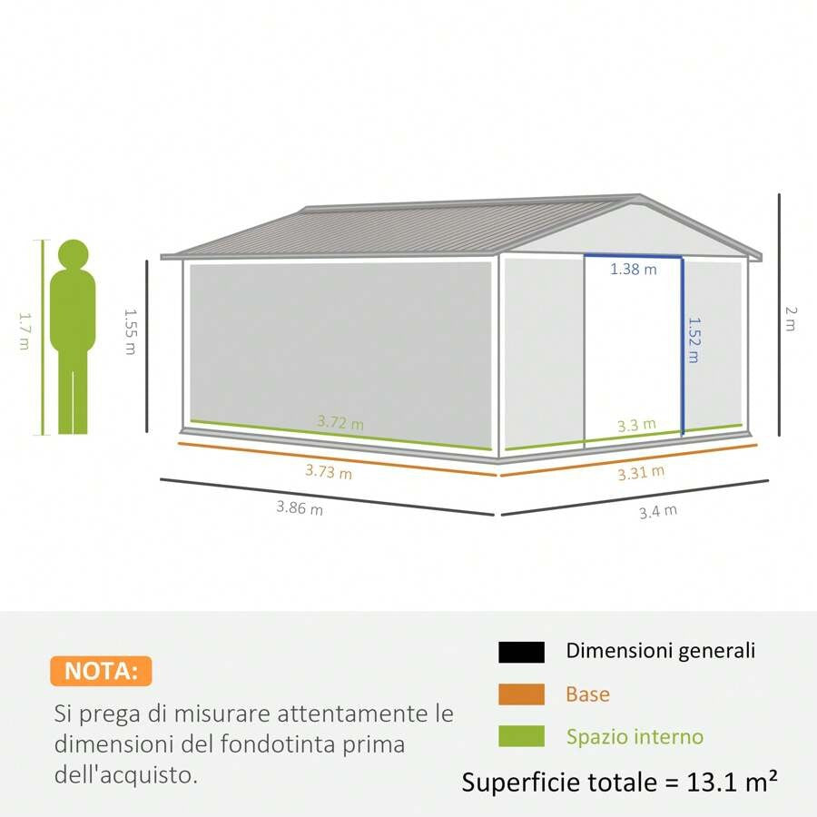 Outsunny Casetta da Giardino con Doppie Porte Scorrevoli e Tetto Inclinato, Capanno da Giardino in Acciaio e PP, 3.4x4x2 m, Grigio