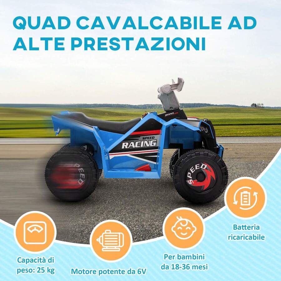 HOMCOM Quad per bambini da 18 a 36 mesi in PP e metallo con ruote resistenti e velocità massima di 2,5 km/h, dimensioni 70x41,5x48,5 cm