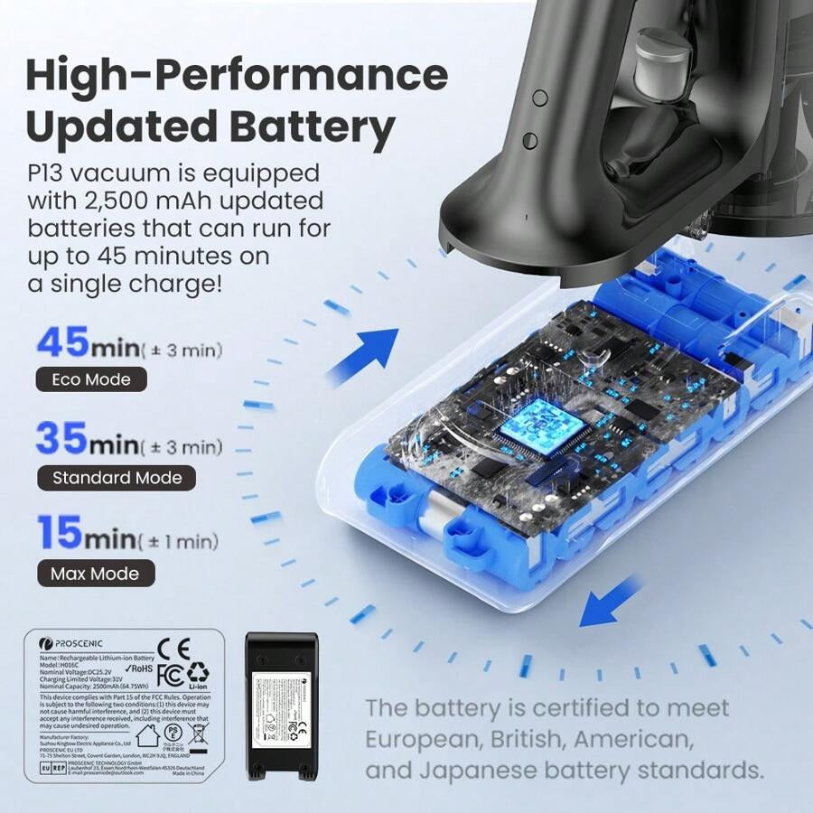 Aspirapolvere senza fili Proscenic P13, potenza di aspirazione di 45 kPa, aspirapolvere a batteria con luce verde, display a LED, autonomia massima di 45 minuti, contenitore della polvere da 1,2 l