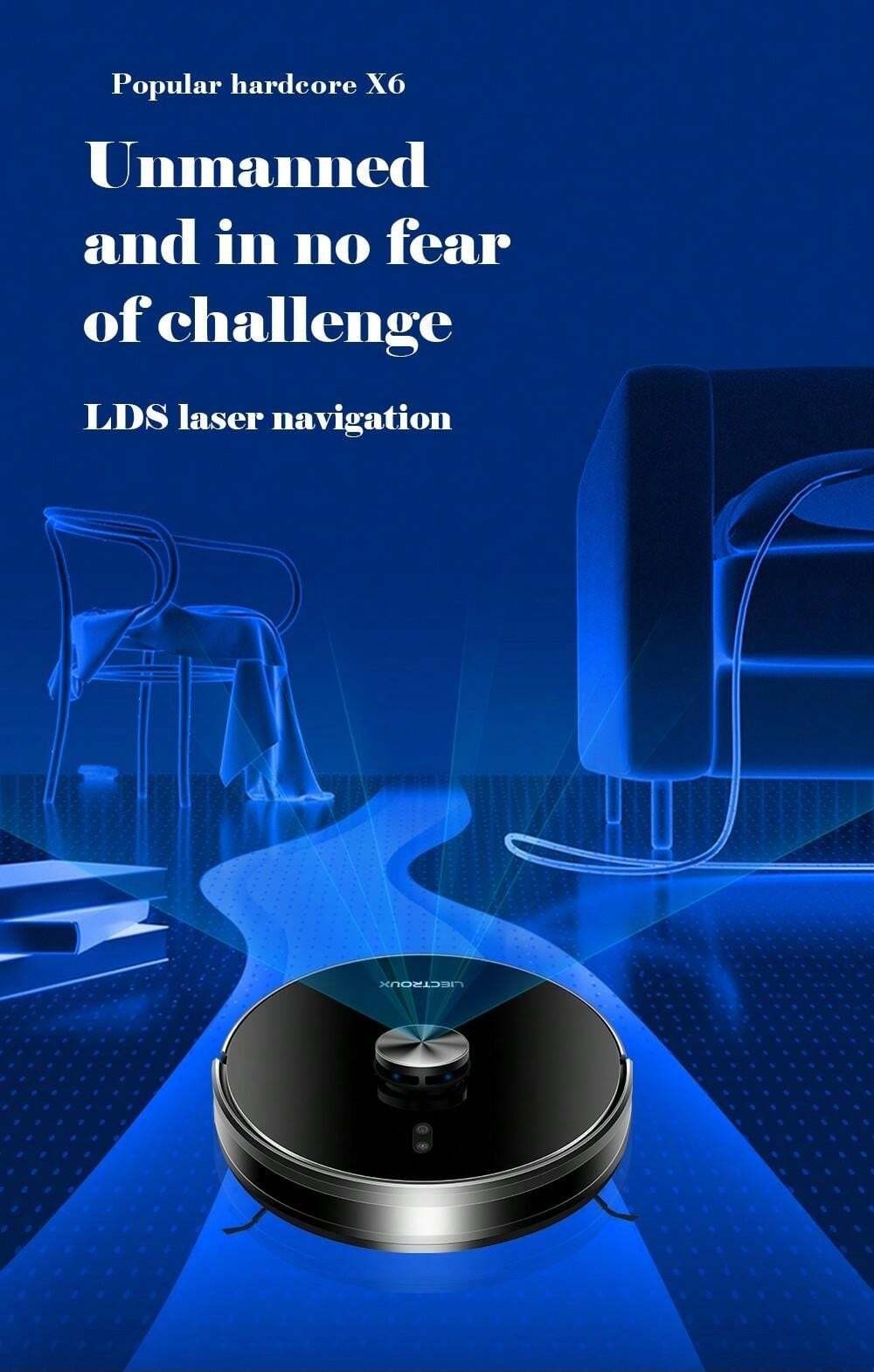 Robot aspirapolvere Liectroux X6, aspirazione 6500Pa, navigazione laser LDS, serbatoio dell'acqua da 235 ml, contenitore della polvere da 400 ml, 5 mappe memorizzate, batteria da 2600 mAh