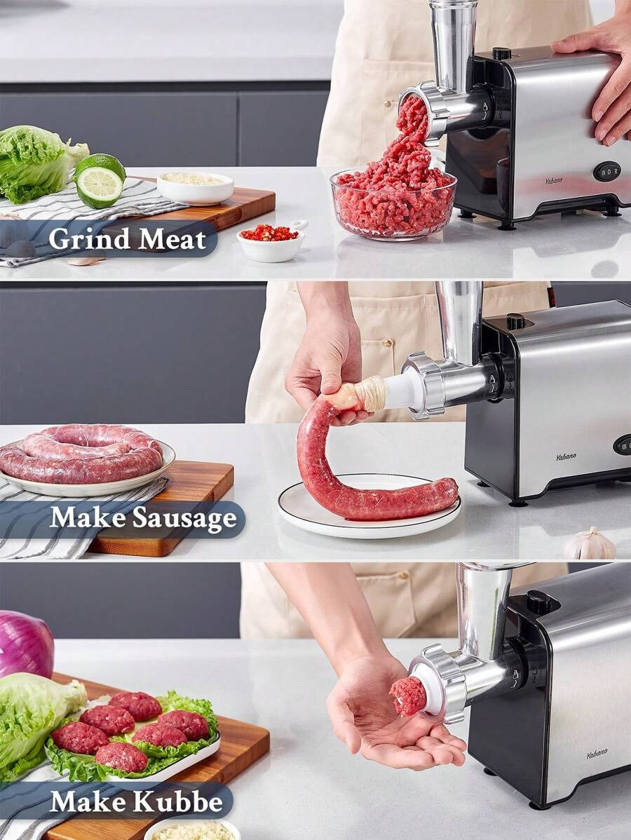 Yabano Yabano Tritacarne Elettrico Professionale, Acciaio Inox, 3 IN 1 Tritacarne per Carne con 3 Piastre di Macinazione, Attacco per Salsiccia e Kubbe