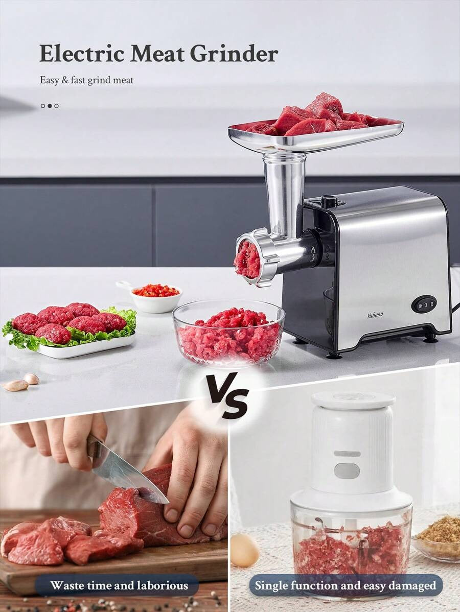 Yabano Yabano Tritacarne Elettrico Professionale, Acciaio Inox, 3 IN 1 Tritacarne per Carne con 3 Piastre di Macinazione, Attacco per Salsiccia e Kubbe