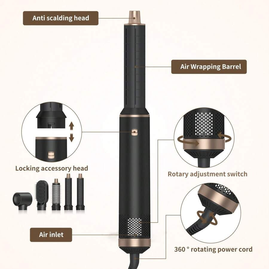 Asciugacapelli a spazzola 5 in 1 nero, set di spazzole ad aria calda rimovibili, set di strumenti per acconciature con ioni negativi, spazzola rotonda per lisciare i capelli con effetto volumizzante