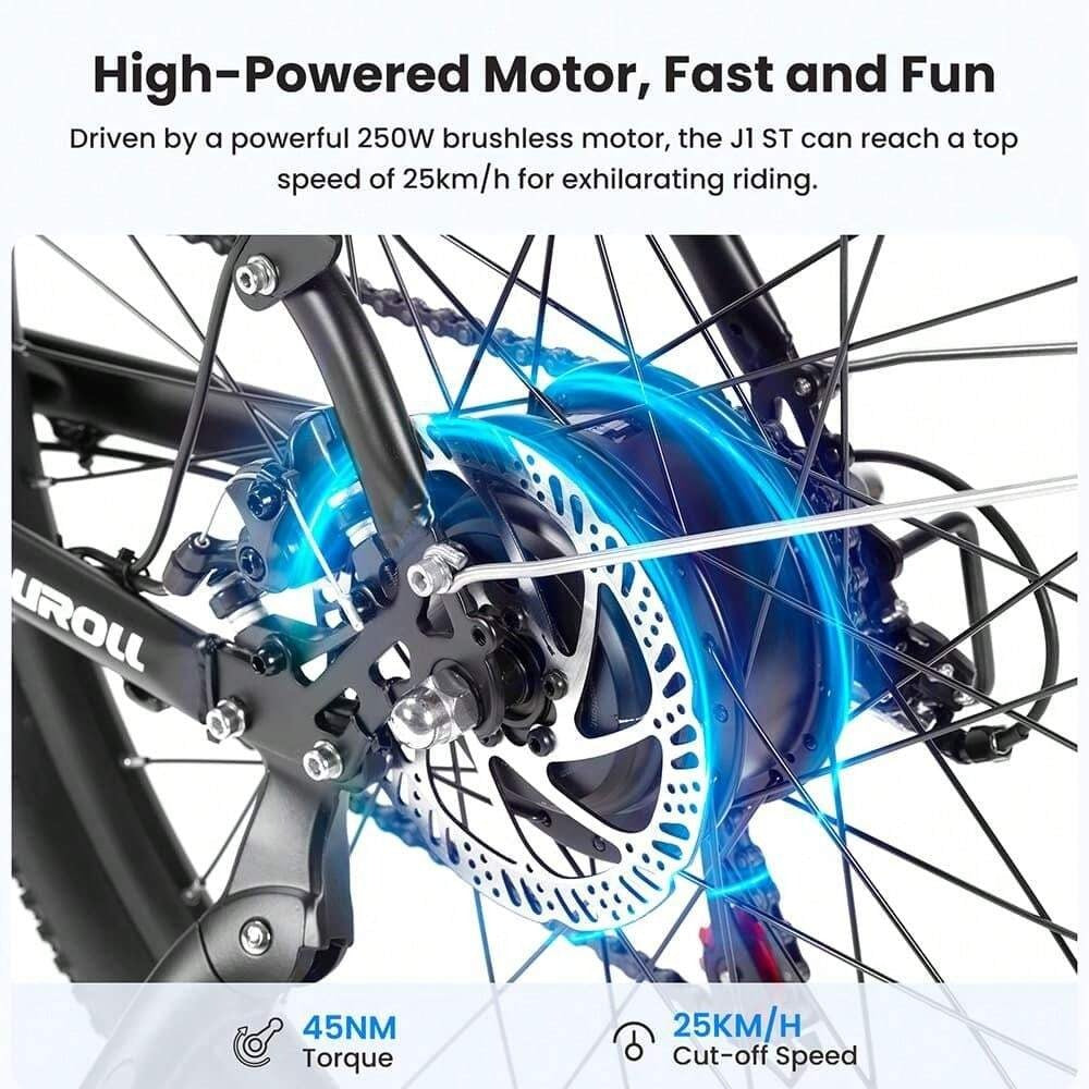 Touroll J1 ST Bicicletta da turismo con motore da 250 W, ruote da 27,5 pollici, batteria da 561,6 Wh, autonomia di 100 km, freno a disco meccanico e freno elettrico (nero)