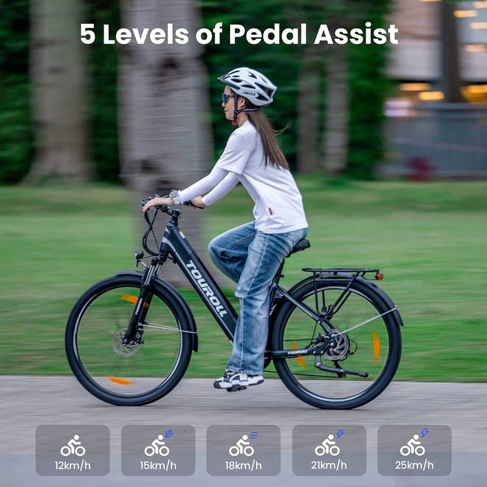 Touroll J1 ST Bicicletta da turismo con motore da 250 W, ruote da 27,5 pollici, batteria da 561,6 Wh, autonomia di 100 km, freno a disco meccanico e freno elettrico (nero)