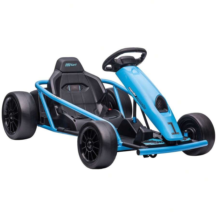 HOMCOM Go Kart Elettrico per Bambini 8-12 Anni, 24V 6-13km/h Drift Go Kart a Pedali per Bambini con Accensione Lenta, Clacson, Musica e Cintura di Sicurezza, Blu e Nero