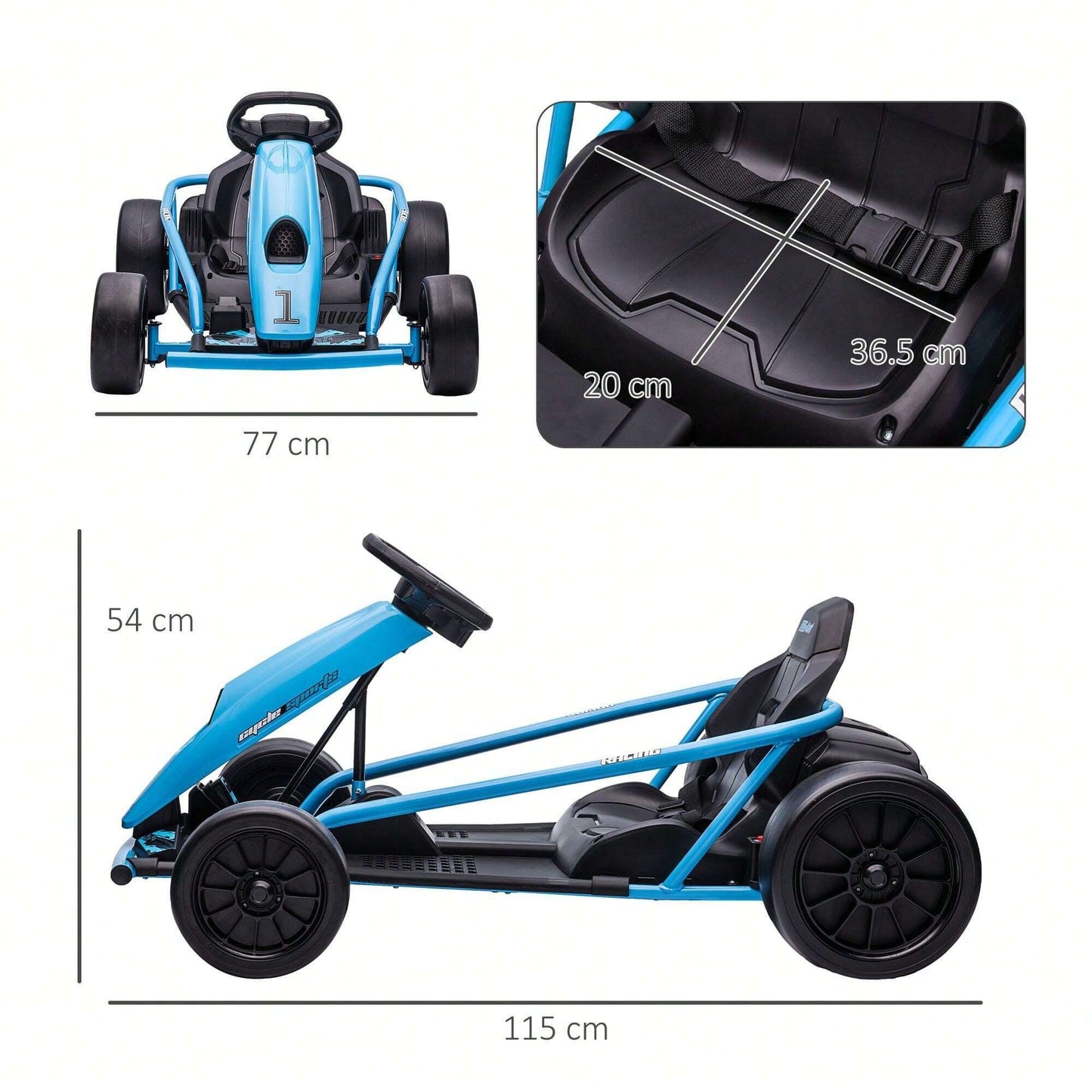 HOMCOM Go Kart Elettrico per Bambini 8-12 Anni, 24V 6-13km/h Drift Go Kart a Pedali per Bambini con Accensione Lenta, Clacson, Musica e Cintura di Sicurezza, Blu e Nero