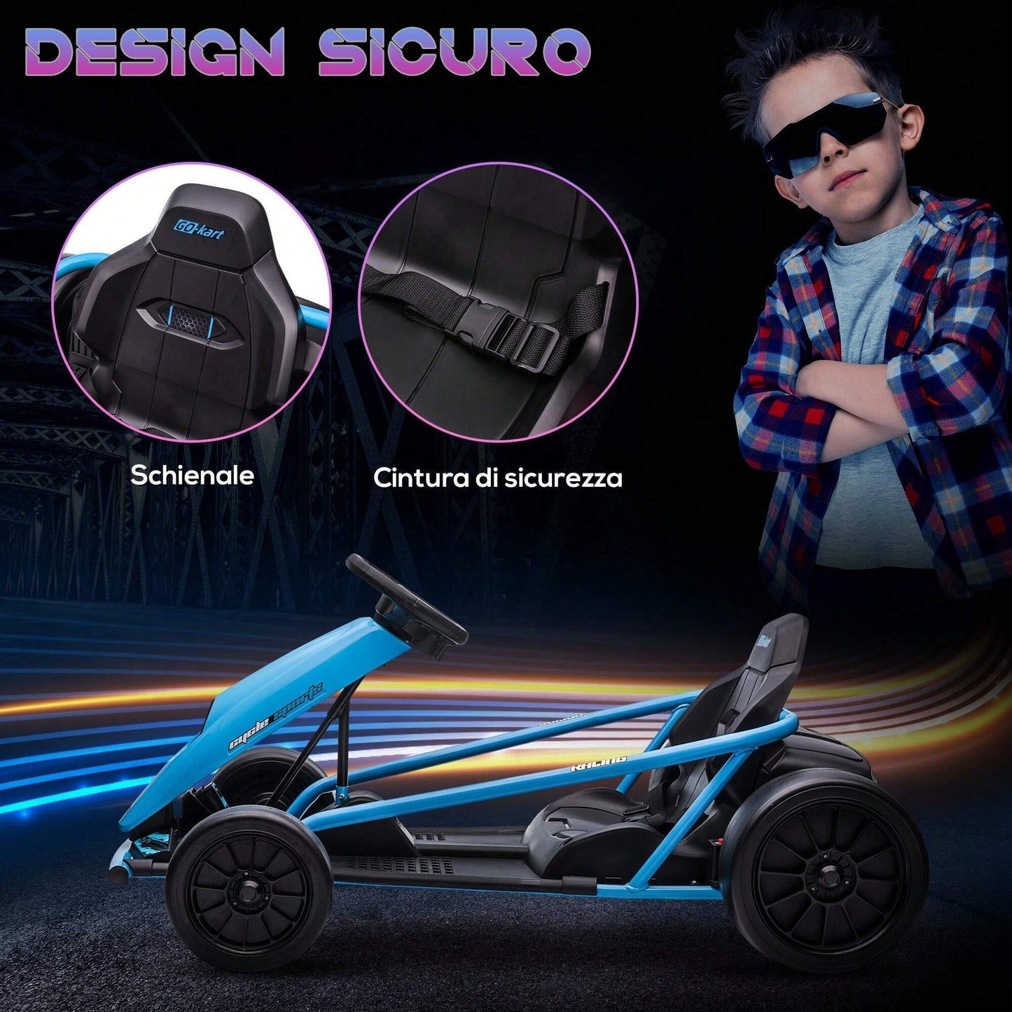 HOMCOM Go Kart Elettrico per Bambini 8-12 Anni, 24V 6-13km/h Drift Go Kart a Pedali per Bambini con Accensione Lenta, Clacson, Musica e Cintura di Sicurezza, Blu e Nero