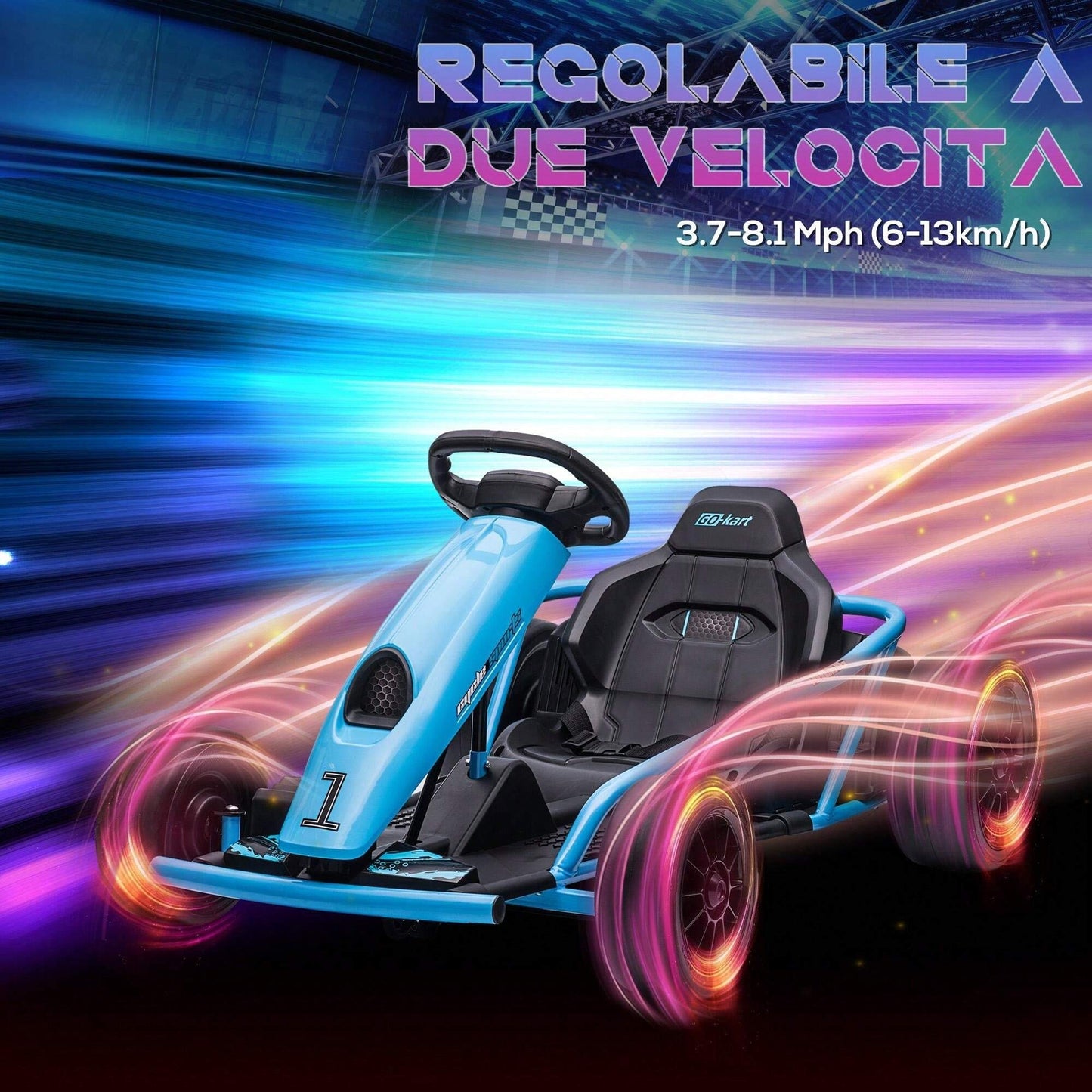 HOMCOM Go Kart Elettrico per Bambini 8-12 Anni, 24V 6-13km/h Drift Go Kart a Pedali per Bambini con Accensione Lenta, Clacson, Musica e Cintura di Sicurezza, Blu e Nero