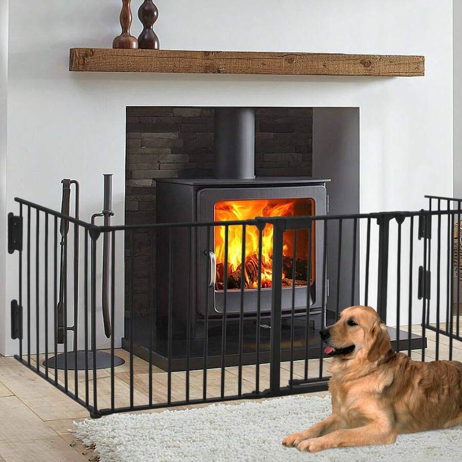 YUENFONG Protezione per Camino in Metallo con Porta, 5 Elementi, Protezione per Forno, Pieghevole, Griglia di Configurazione per la Sicurezza dei Bambini, 300x75x60 cm (Nero)