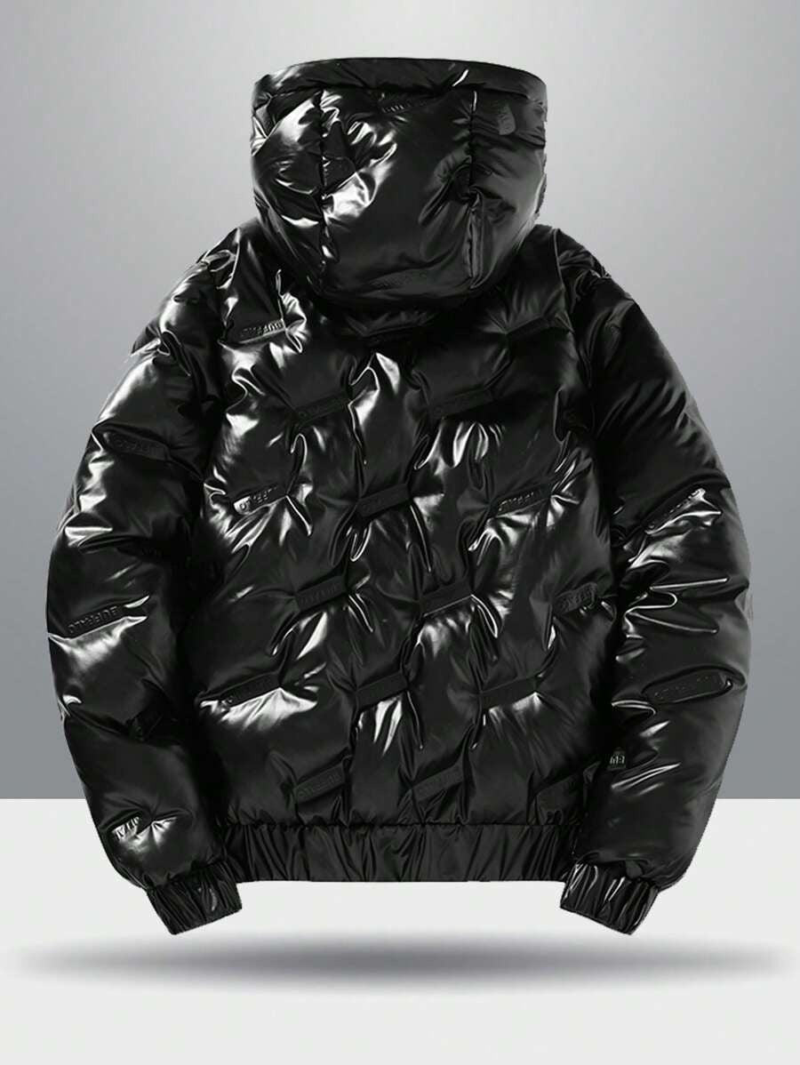 Cappotto casual imbottito con colletto rialzato, maniche lunghe, cappuccio staccabile, resistente al vento, lucido, in tinta unita, adatto per l'autunno/inverno, per tenersi caldi