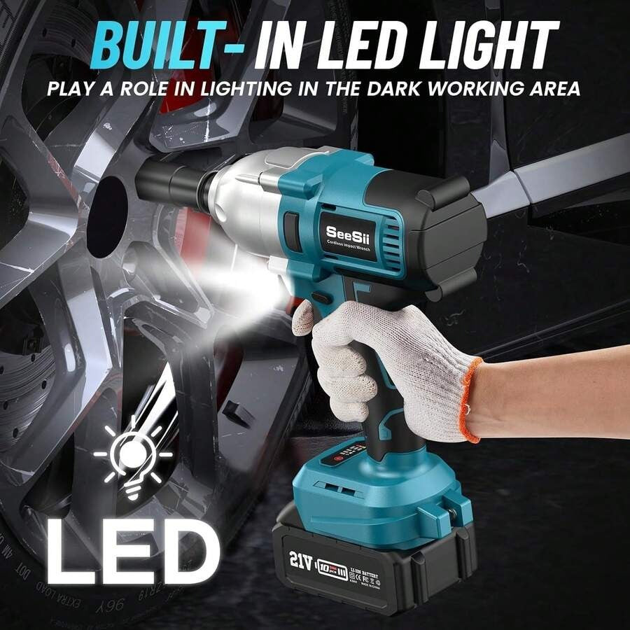 SEESII Seesii avvitatore a batteria, avvitatore ad alta coppia di 800N.m, pistola ad impatto da 580Ft-lbs 1/2 pollici con una batteria da 4.0Ah, caricabatterie e 6 bussole