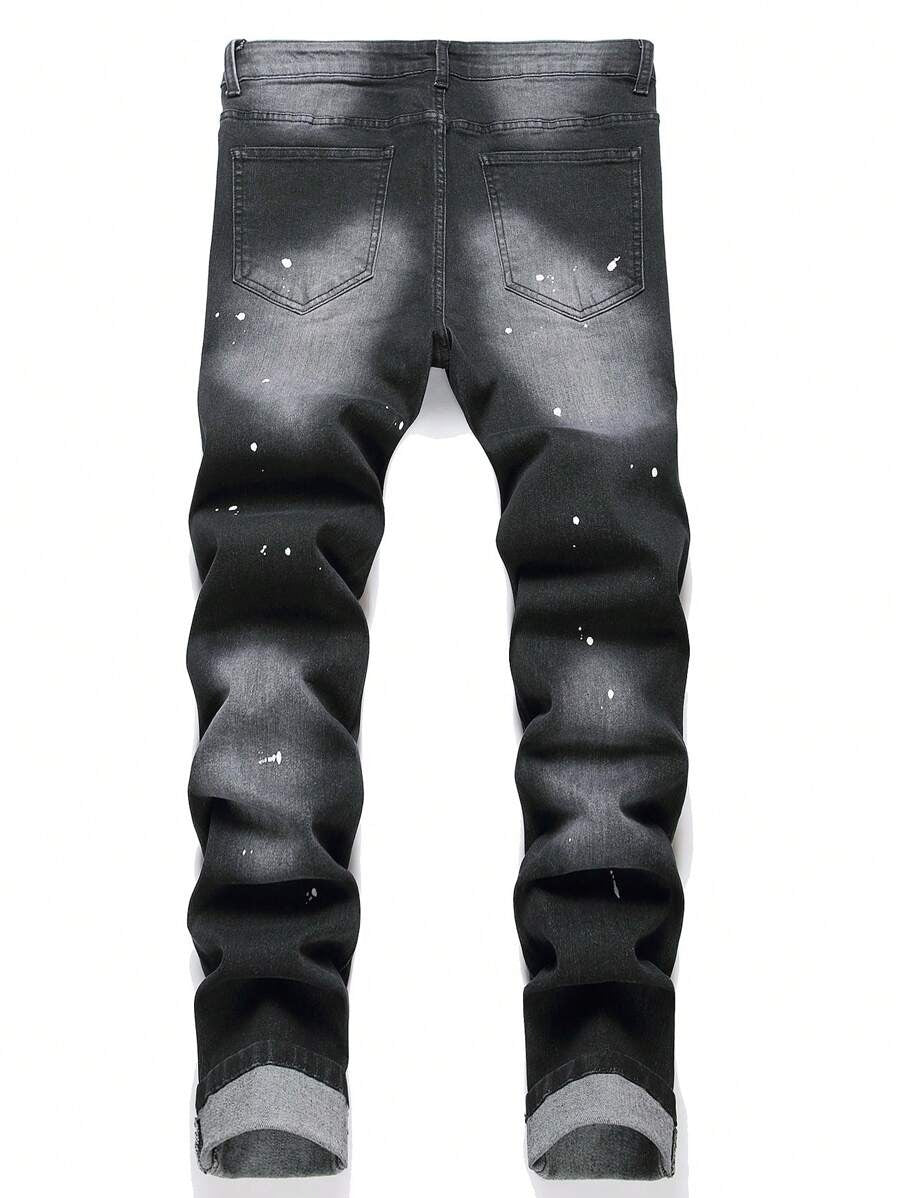 Manfinity LEGND Jeans skinny da uomo con stampa a spruzzi d'inchiostro e strappi, jeans slim fit scuri, jeans neri cargo lunghi, adatti come regalo per il marito o il fidanzato