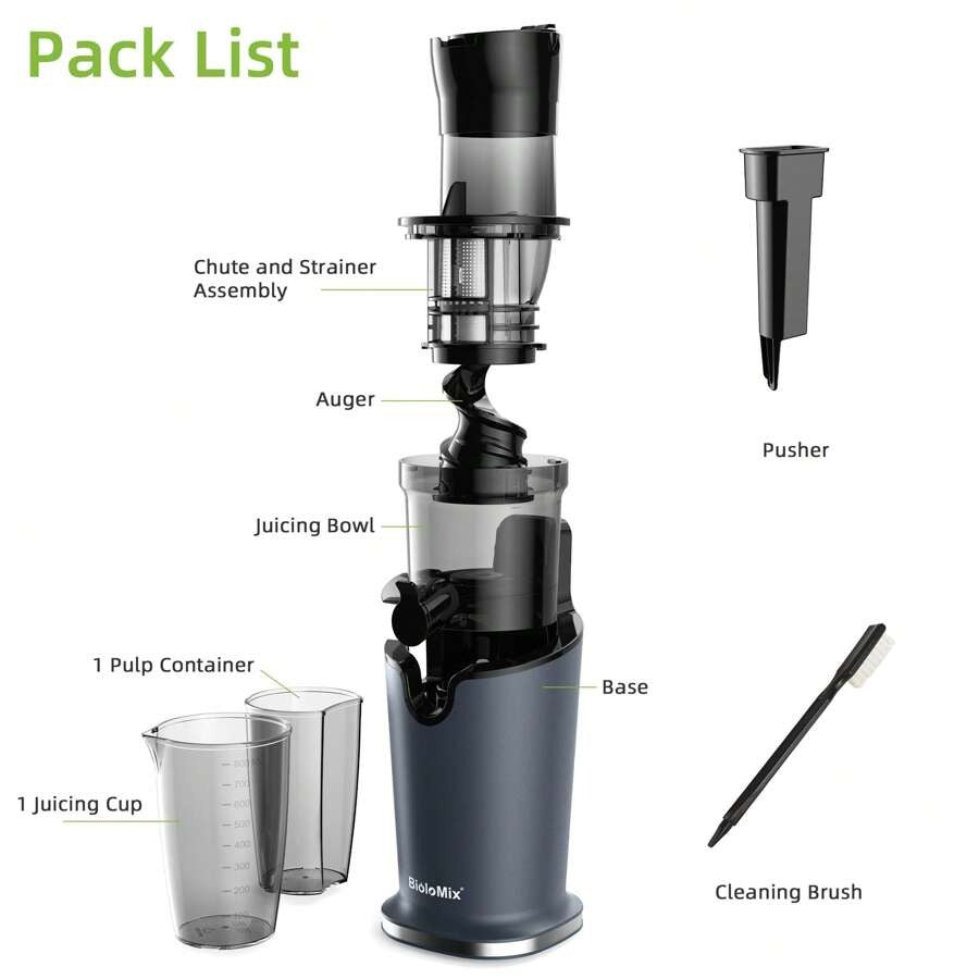 Spremiagrumi a freddo BioloMix con scivolo di alimentazione da 78 mm, 200 W 40-65 giri/min, motore potente, spremitore a masticazione lenta, adatto per frutta intera