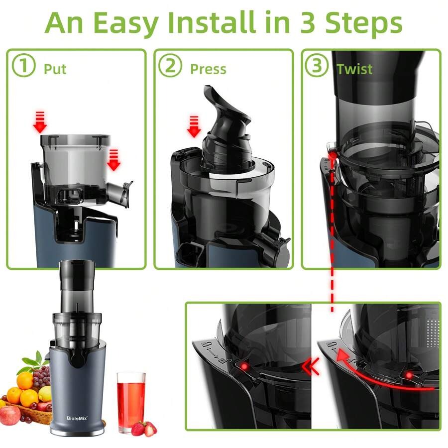 Spremiagrumi a freddo BioloMix con scivolo di alimentazione da 78 mm, 200 W 40-65 giri/min, motore potente, spremitore a masticazione lenta, adatto per frutta intera