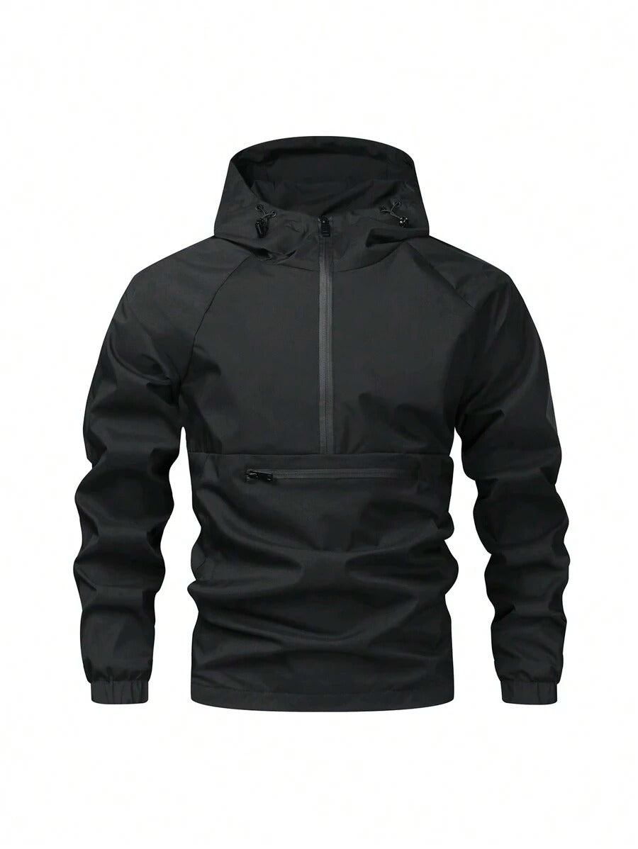 Giacca antivento a mezza chiusura lampo a prova d'acqua casual e versatile da uomo, leggera nera a fascia lunga per esterni, adatta come regalo per Friend, Husband, Boyfriend