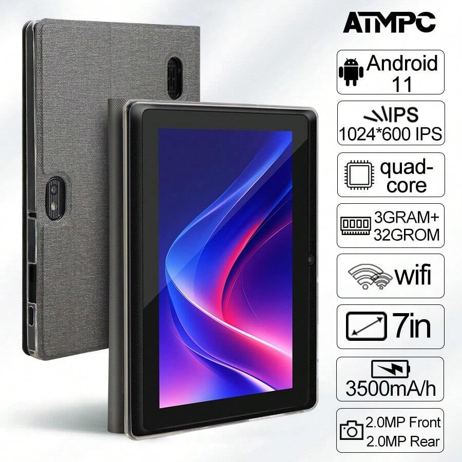 Tablet Android 11 da 7 pollici ATMPC 701A, con 2GB di RAM DDR e 32GB di ROM, batteria da 3500mAh, processore quad-core, schermo IPS da 7 pollici con risoluzione 1024x600, fotocamera da 30 e 200 MP