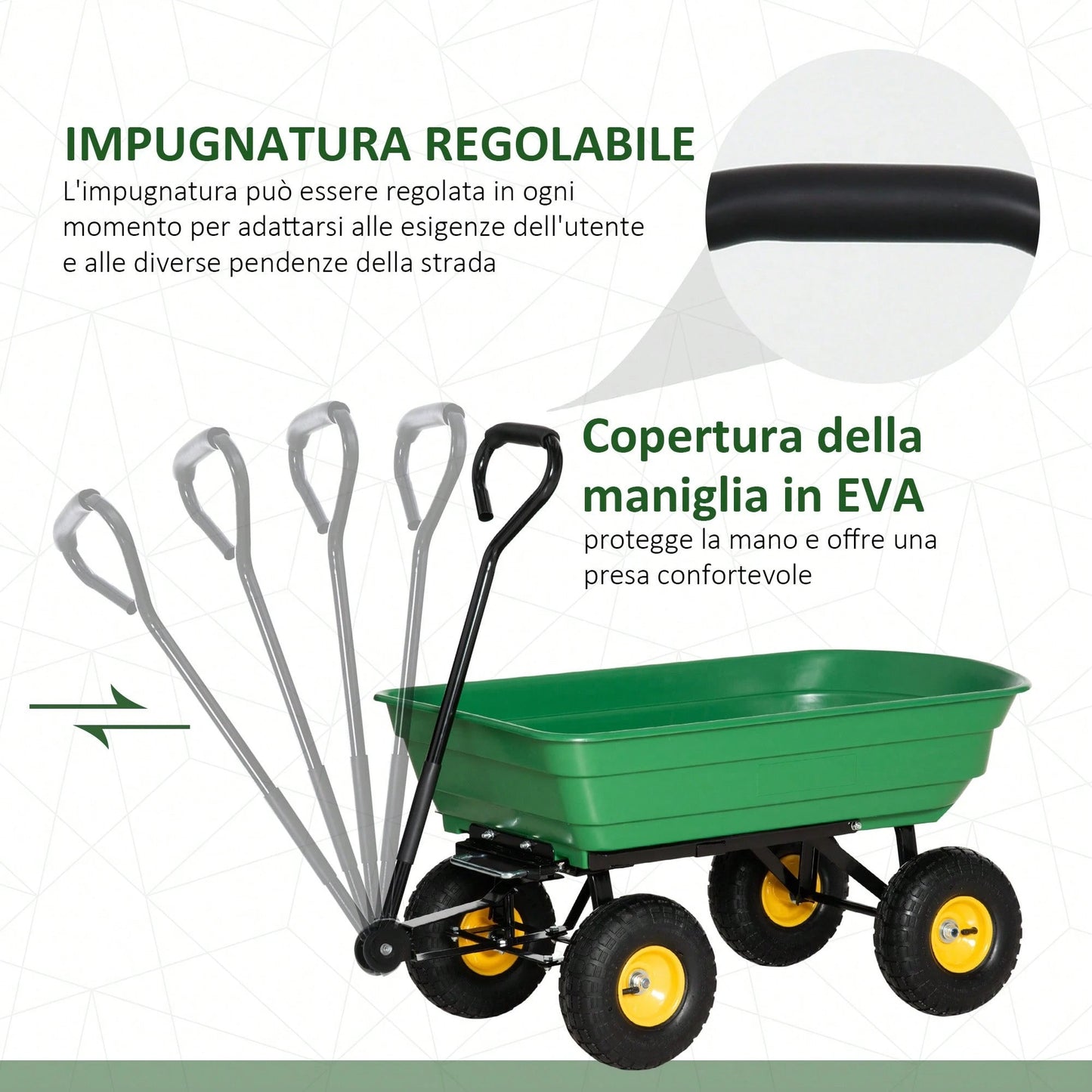 Outsunny Carrello da Giardino 75L in Acciaio e PP con Vasca ribaltabile e Maniglia da Trasporto, 109x52x94 cm, Verde Scuro