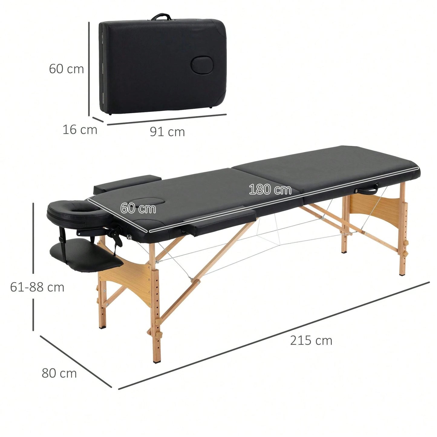 HOMCOM Lettino da Massaggio Pieghevole, Lettino Professionale Portatile con Altezza Regolabile e Borsa di Trasporto, Struttura in Legno, Nero