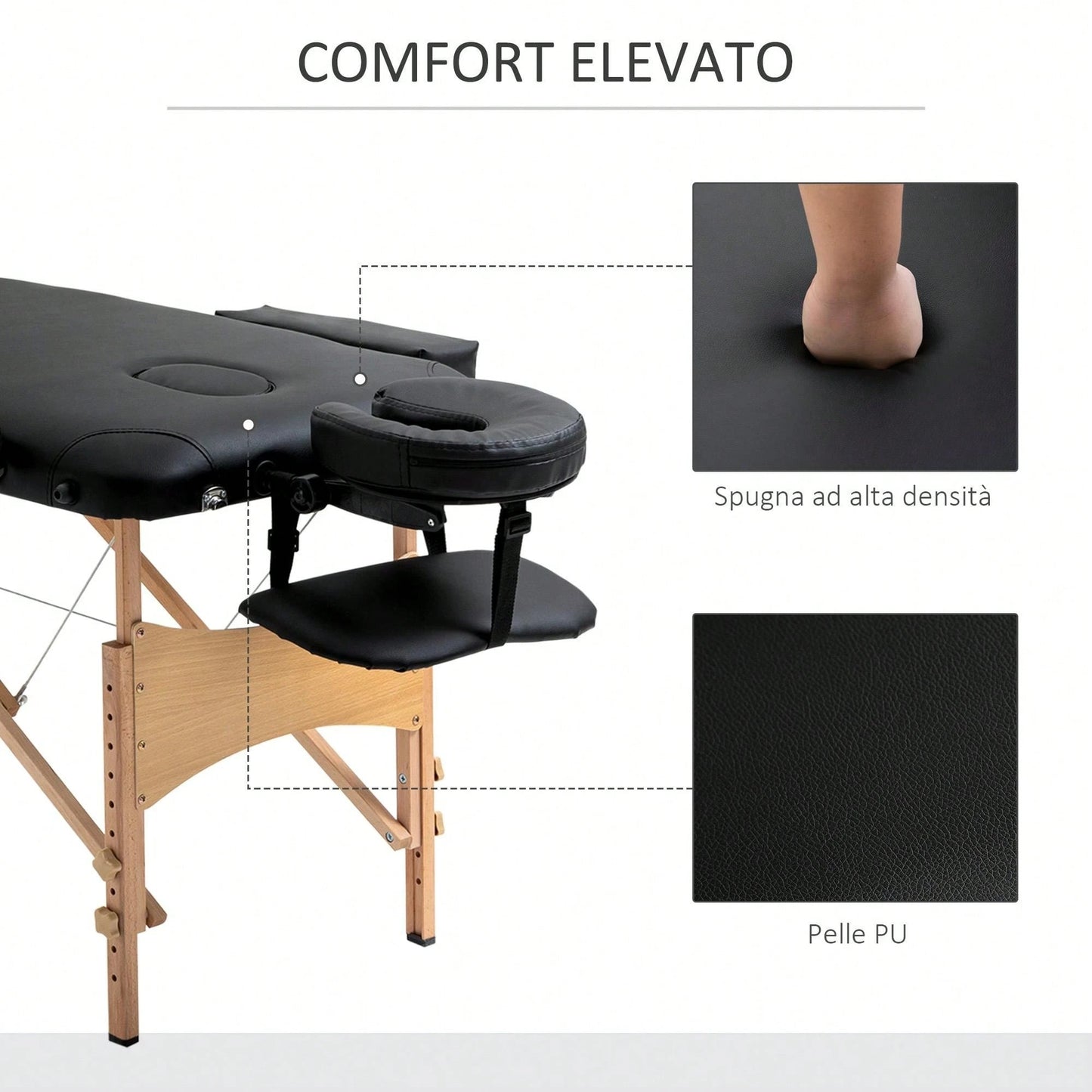 HOMCOM Lettino da Massaggio Pieghevole, Lettino Professionale Portatile con Altezza Regolabile e Borsa di Trasporto, Struttura in Legno, Nero