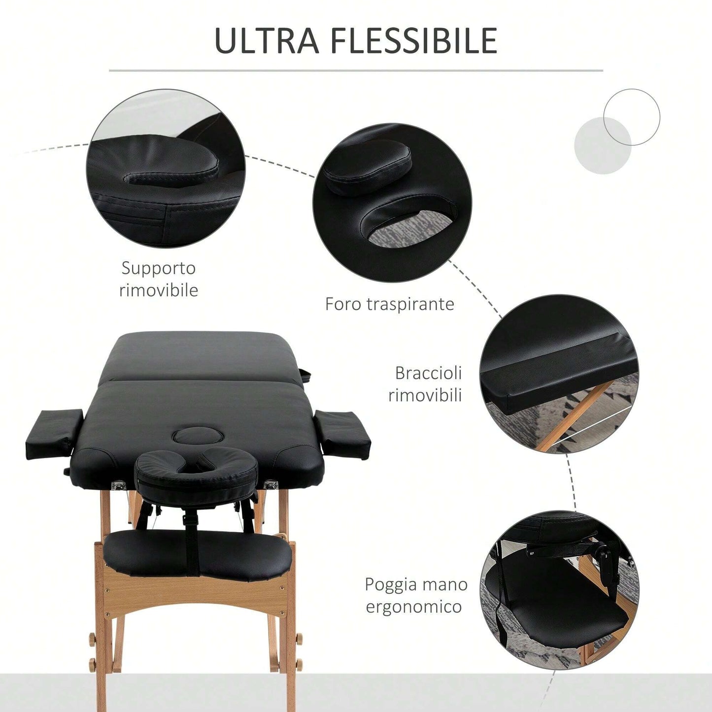HOMCOM Lettino da Massaggio Pieghevole, Lettino Professionale Portatile con Altezza Regolabile e Borsa di Trasporto, Struttura in Legno, Nero