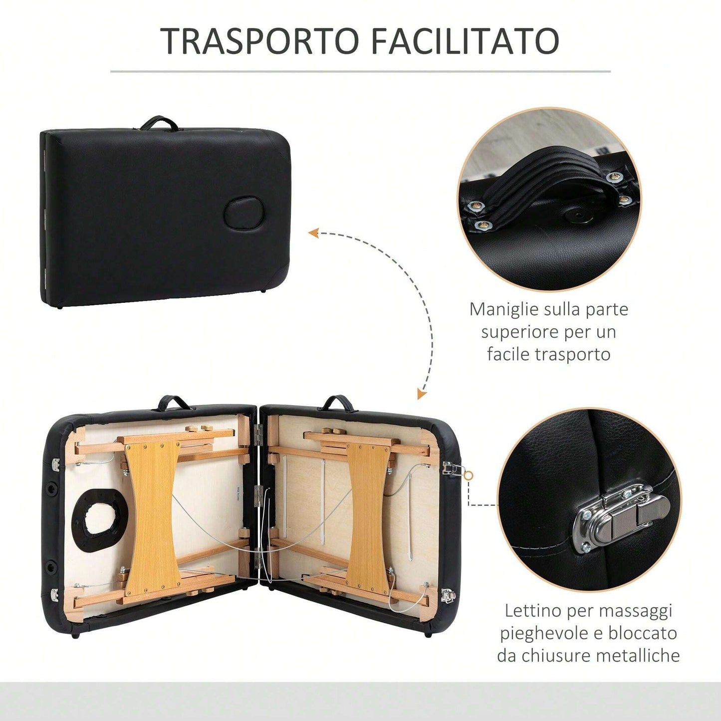 HOMCOM Lettino da Massaggio Pieghevole, Lettino Professionale Portatile con Altezza Regolabile e Borsa di Trasporto, Struttura in Legno, Nero