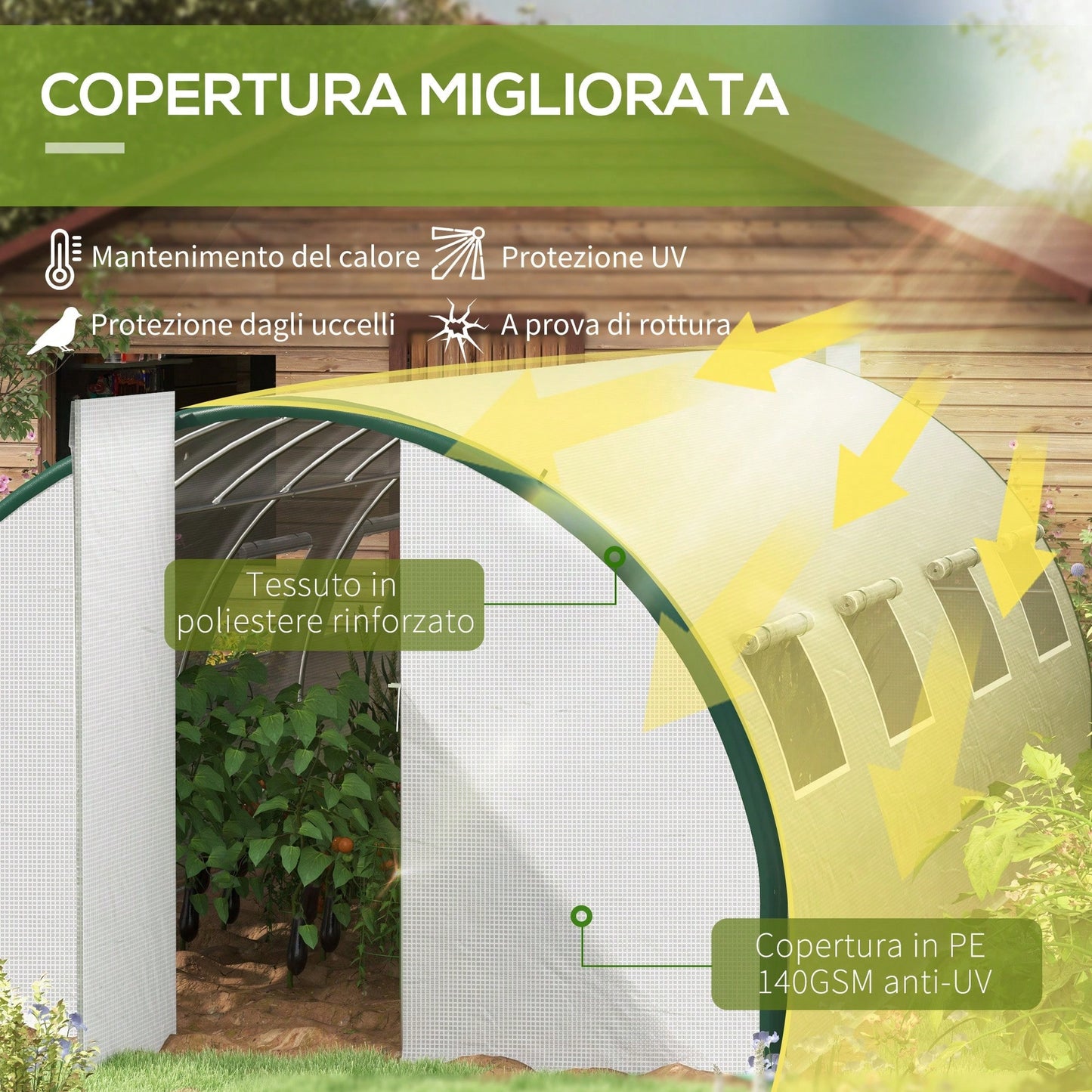 Outsunny Serra a Tunnel 6x3 m con 2 Porte a Cerniera e 8 Finestre, Serra per Orto in PE, Poliestere e Acciaio Zincato, Bianco e Verde